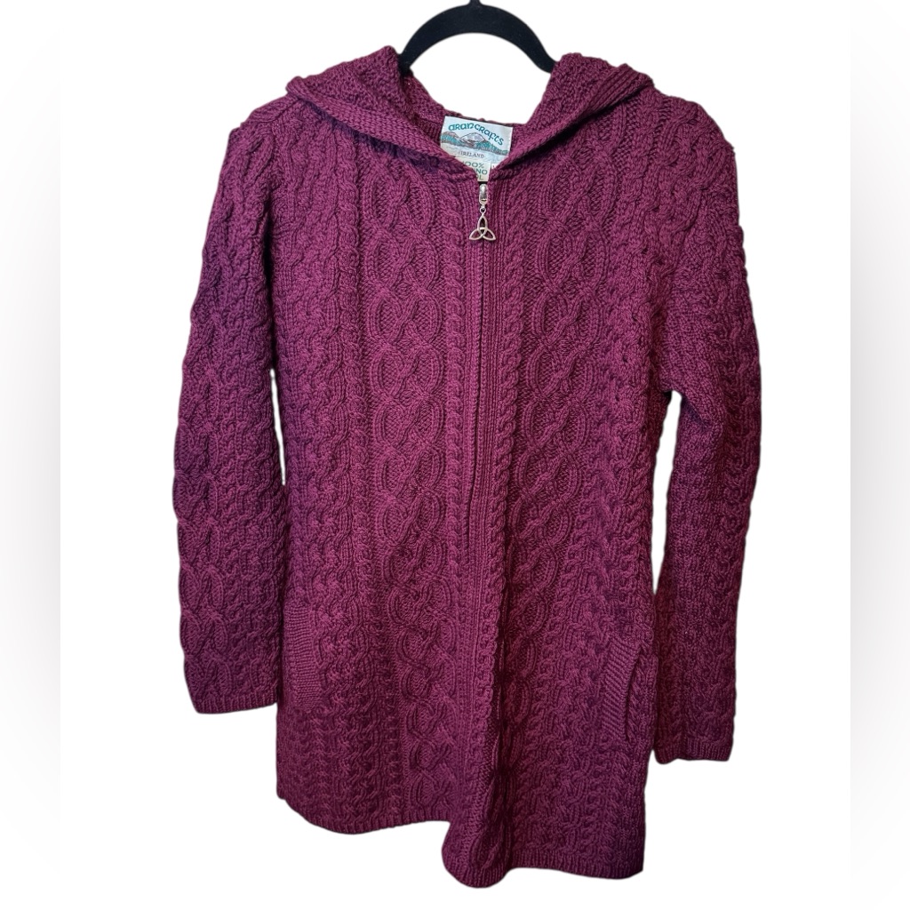 Aran Crafts Merino Wool Zip Front Cardigan With Hood Nwot